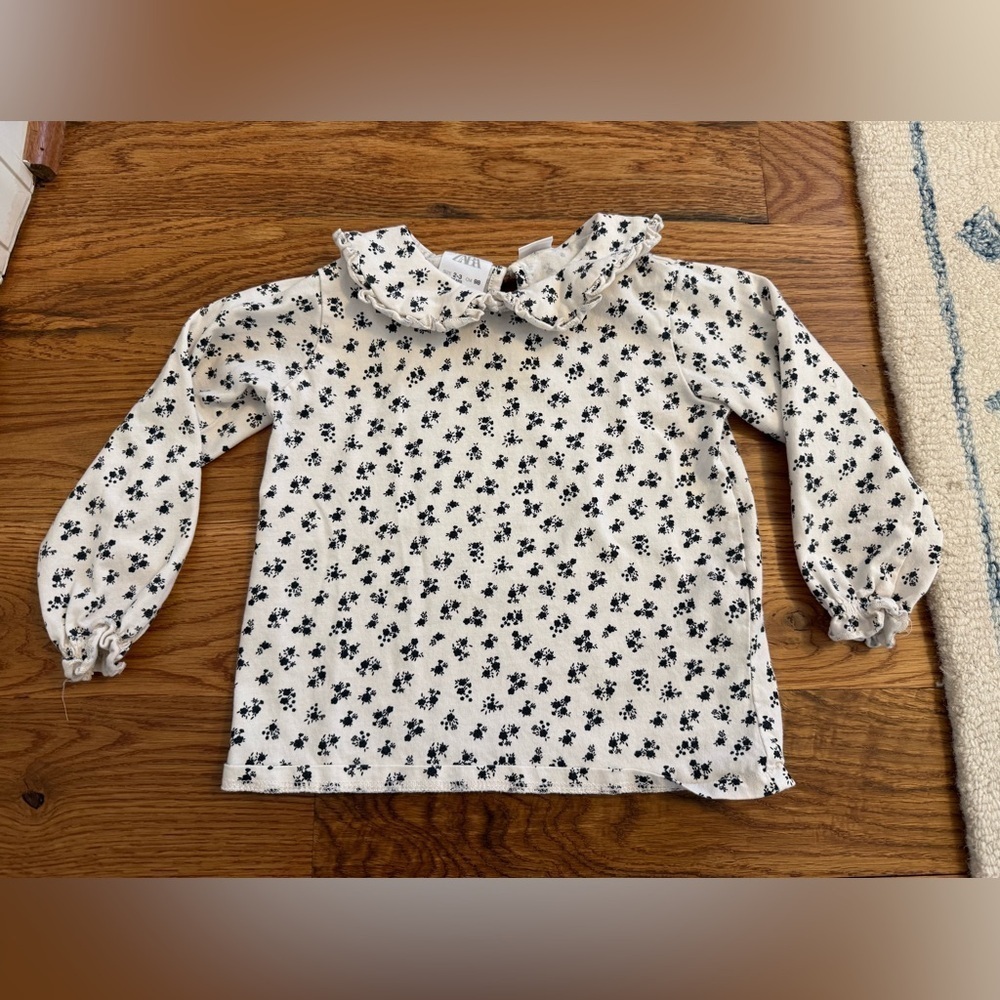 Zara Cream Long Sleeve Top with Black Floral Print and Peter Pan Collar 2-3 year